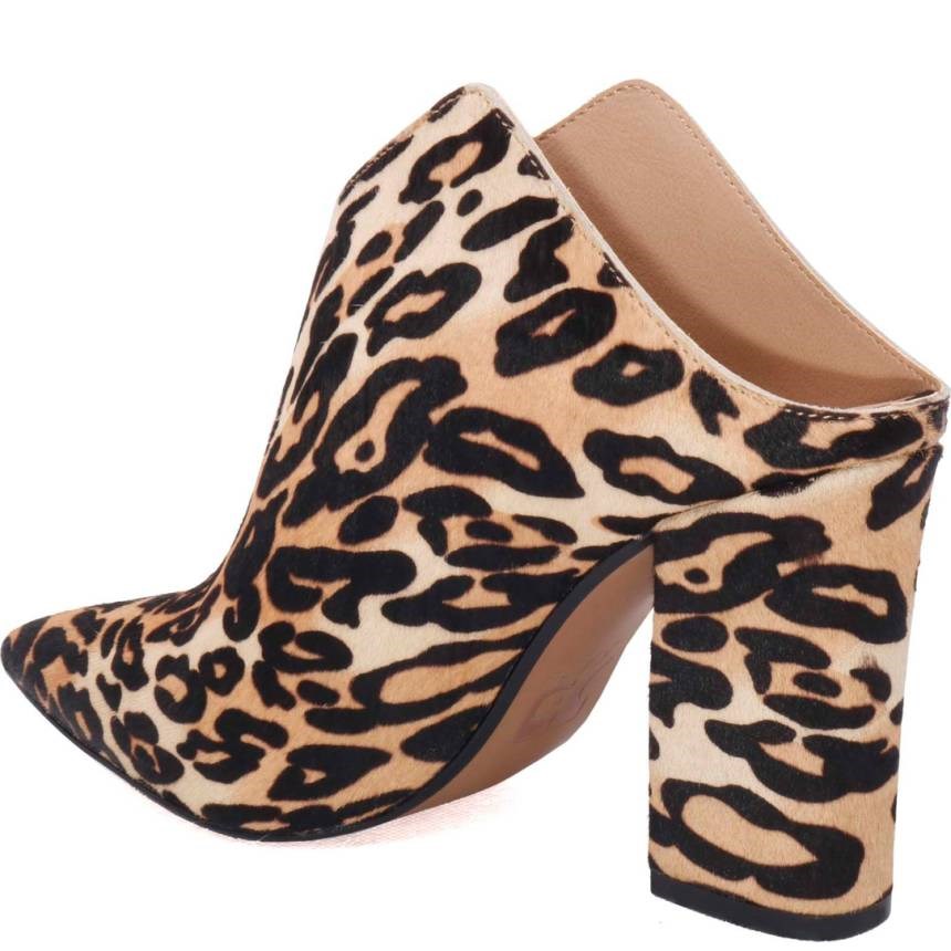 Women's Brown Leopard Print Pointed Toe Block Heels Mules Shoes