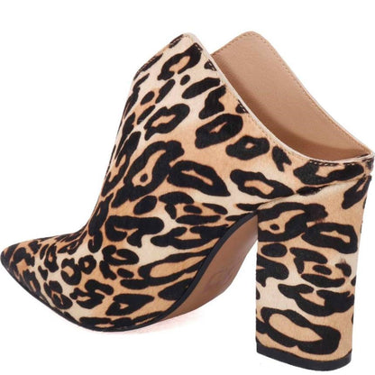 Women's Brown Leopard Print Pointed Toe Block Heels Mules Shoes