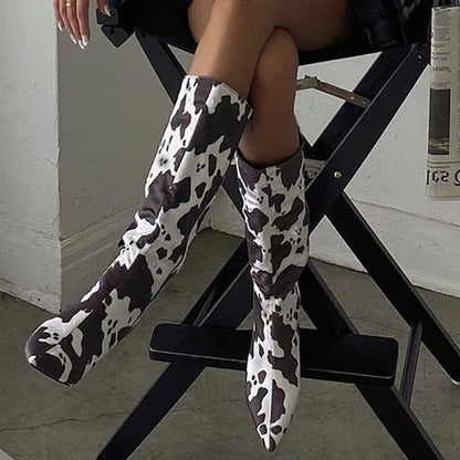 Women's Pointed Toe Cow Print Side Zipper Flared Heel Mid Calf Boots