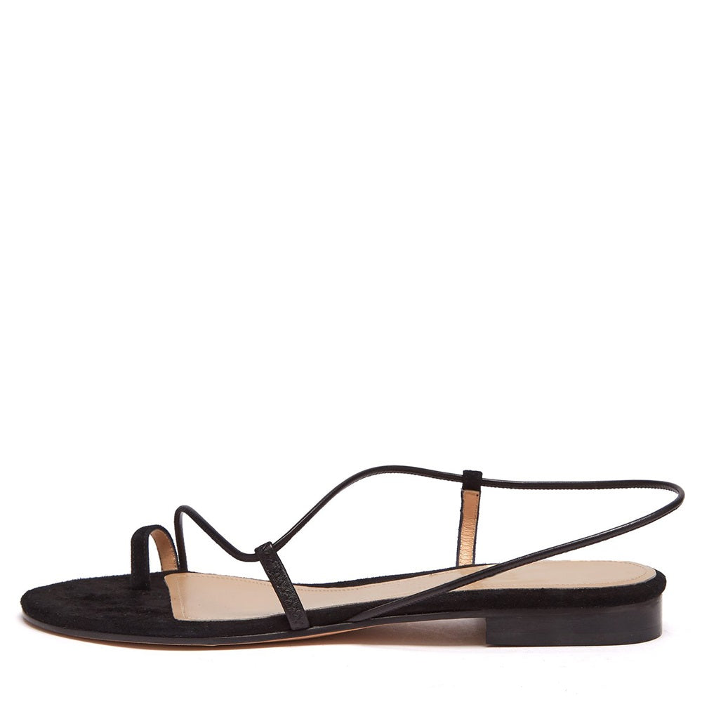 Black Vegan Suede Strappy Flats Toe Loop Sandals