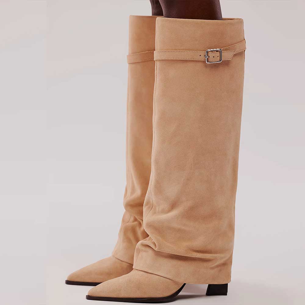 Beige Pointed Toe Stiletto Heel Fold Over Wide Calf Knee High Boots