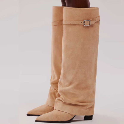 Beige Pointed Toe Stiletto Heel Fold Over Wide Calf Knee High Boots