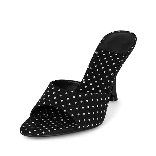 Black and White Polka Dots Open Toe Slip-On Classic Mule Heels