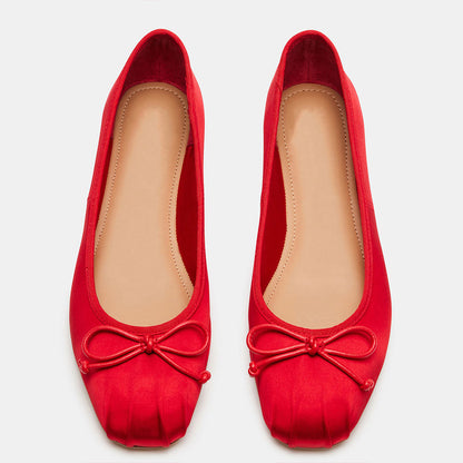Women's Satin Ruched Square Toe Bow Embellished Ballet Flats in Red