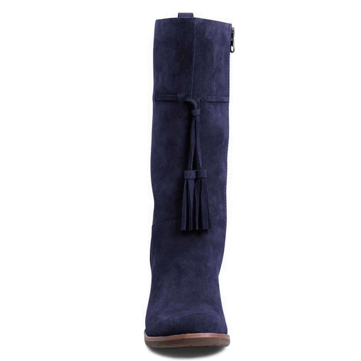 Navy Blue Closed Toe Tasseled Tie Front Chunky Heel Mid Calf Boots