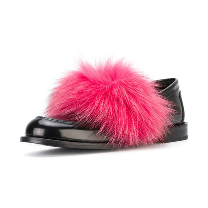 Black Round Toe Pink Faux Fur Trim Flats Women's Loafers