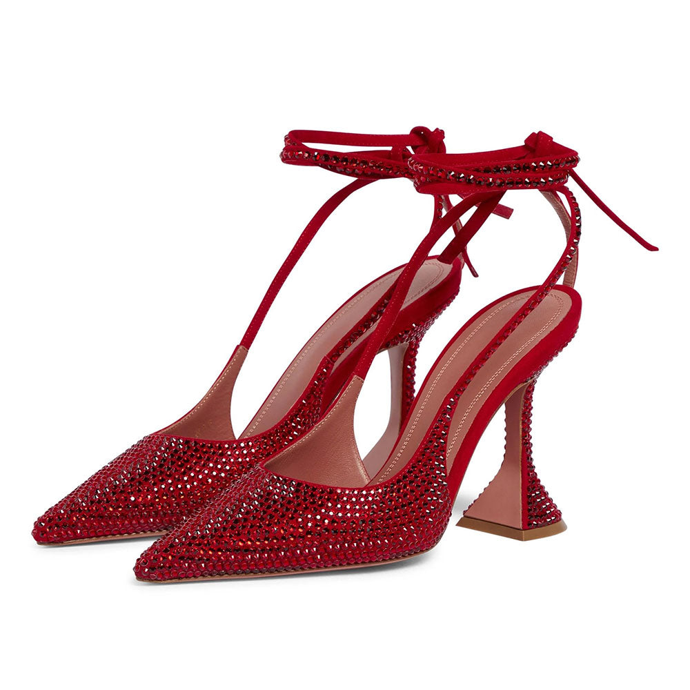 Women's Red Pointed Toe Flared Heels Wrap Strap Rhinestone Pumps Shoes