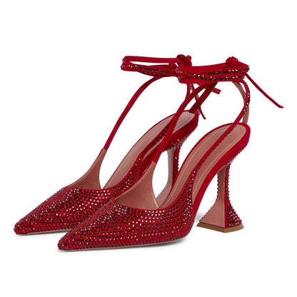 Women's Red Pointed Toe Flared Heels Wrap Strap Rhinestone Pumps Shoes