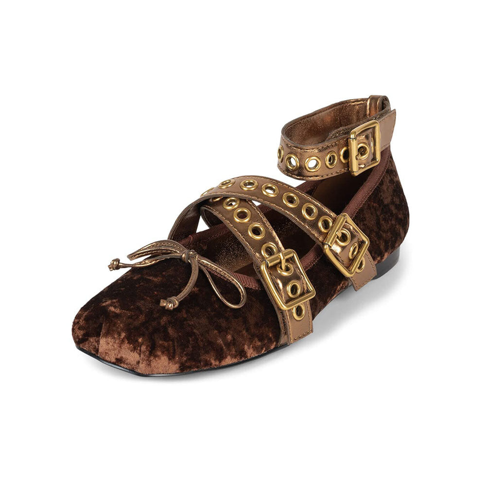 Brown Velvet Round Toe Buckle Strappy Ballet Flats with Bow