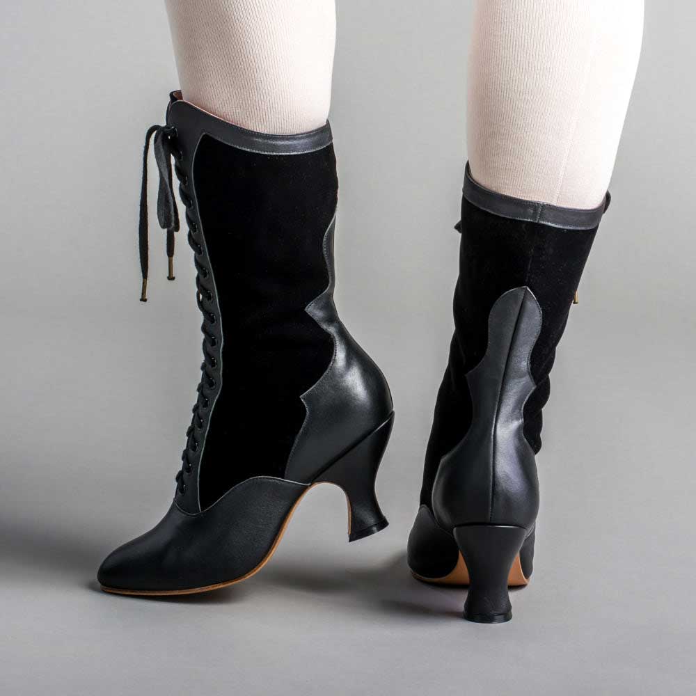 Vintage Black Closed-Toe Spool Heel Lace-Up Mid Calf Boots for Women