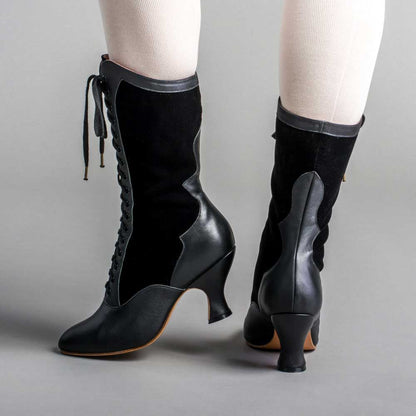 Vintage Black Closed-Toe Spool Heel Lace-Up Mid Calf Boots for Women