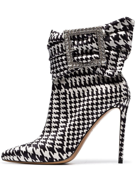 Black & White Rhinestone Buckle Pointy Toe Houndstooth Ankle Boots