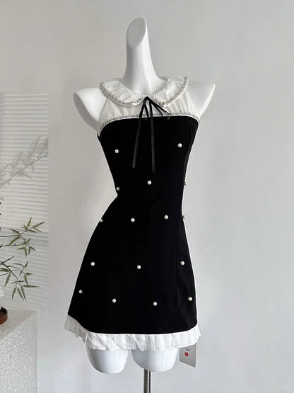 Sweet Black Baby Doll Collar Pearl Satin A-line 17th Birthday Homecoming Dress P3997