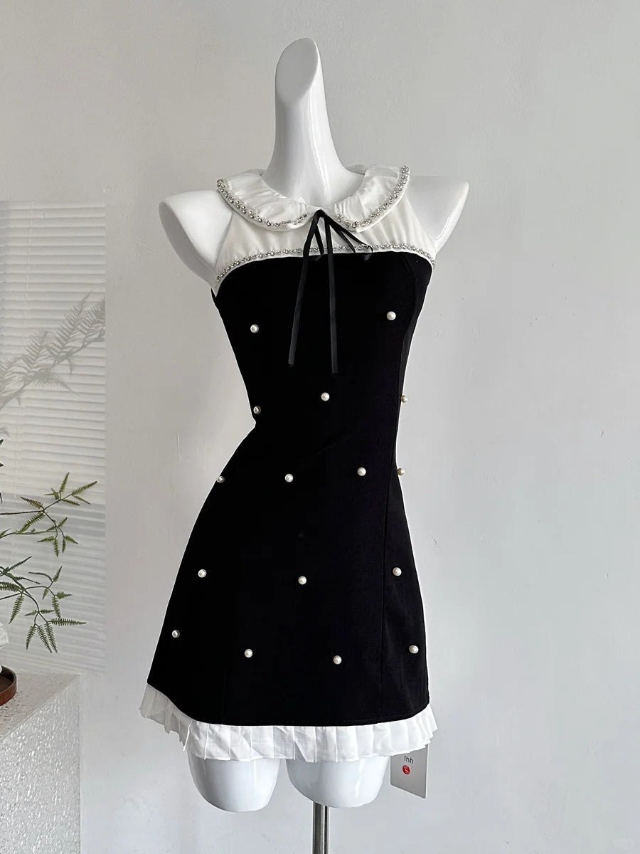 Sweet Black Baby Doll Collar Pearl Satin A-line 17th Birthday Homecoming Dress P3997
