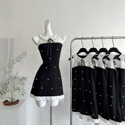 Sweet Black Baby Doll Collar Pearl Satin A-line 17th Birthday Homecoming Dress P3997