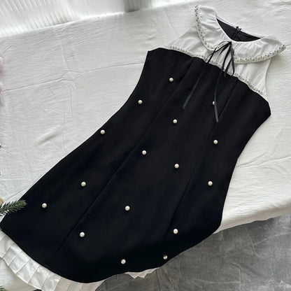 Sweet Black Baby Doll Collar Pearl Satin A-line 17th Birthday Homecoming Dress P3997