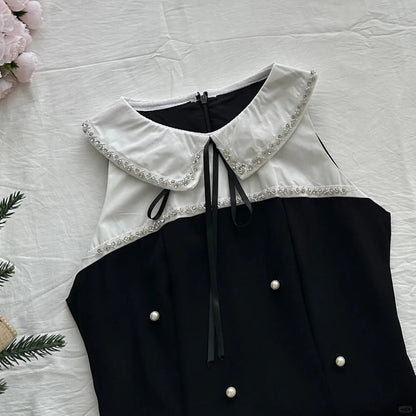 Sweet Black Baby Doll Collar Pearl Satin A-line 17th Birthday Homecoming Dress P3997