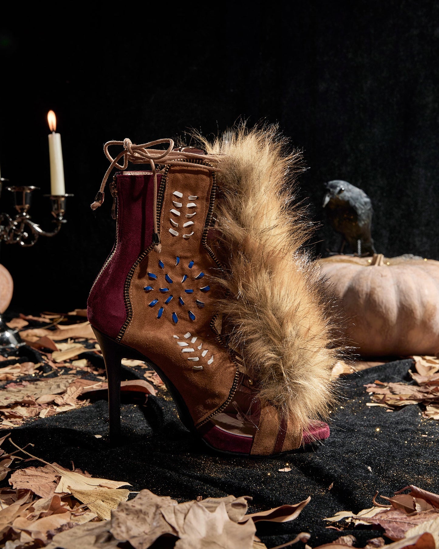 Sadiya Faux Fur Lace Up Suede Sandals In Brown