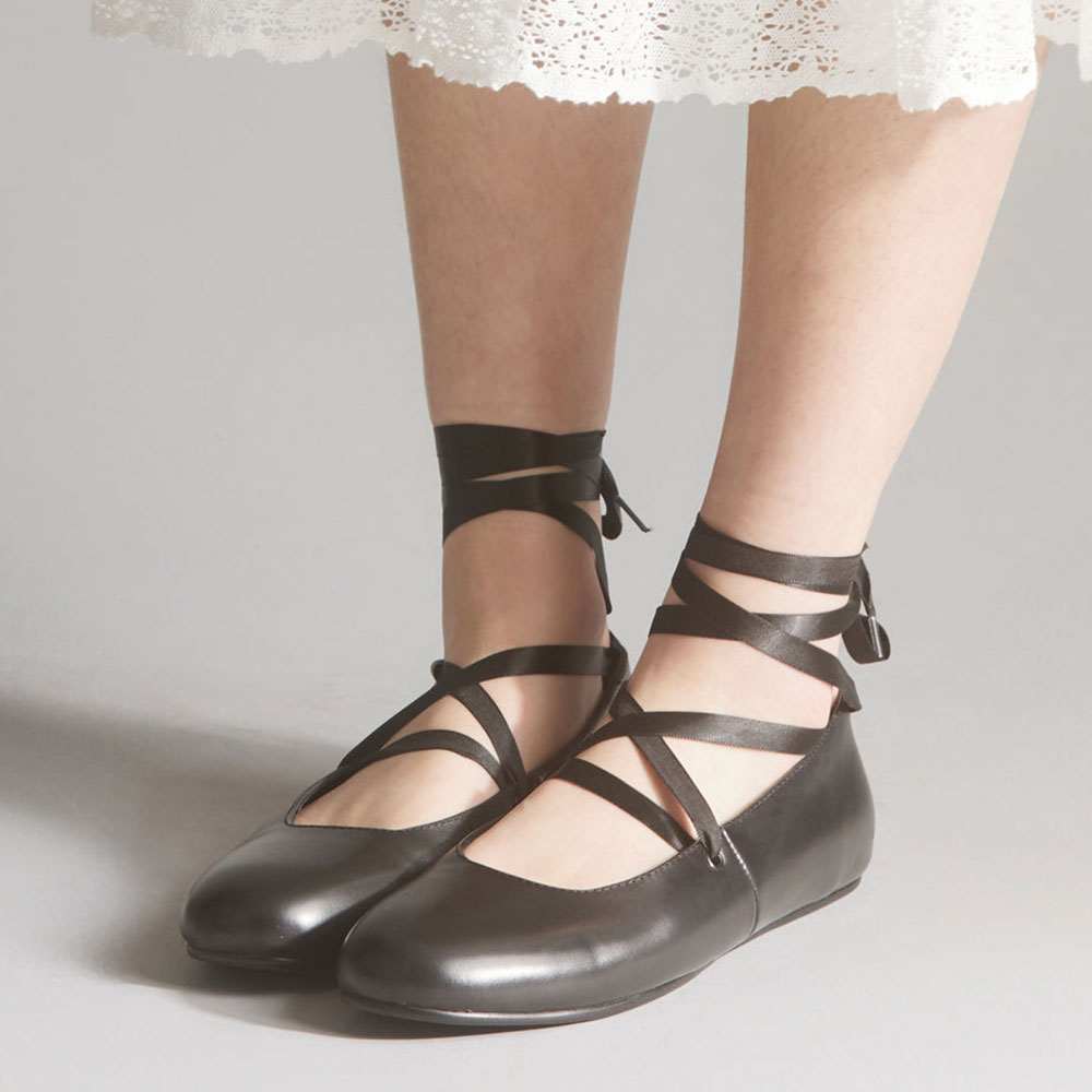 Classy Black Vegan Leather Round Toe Ballet Flats with Straps