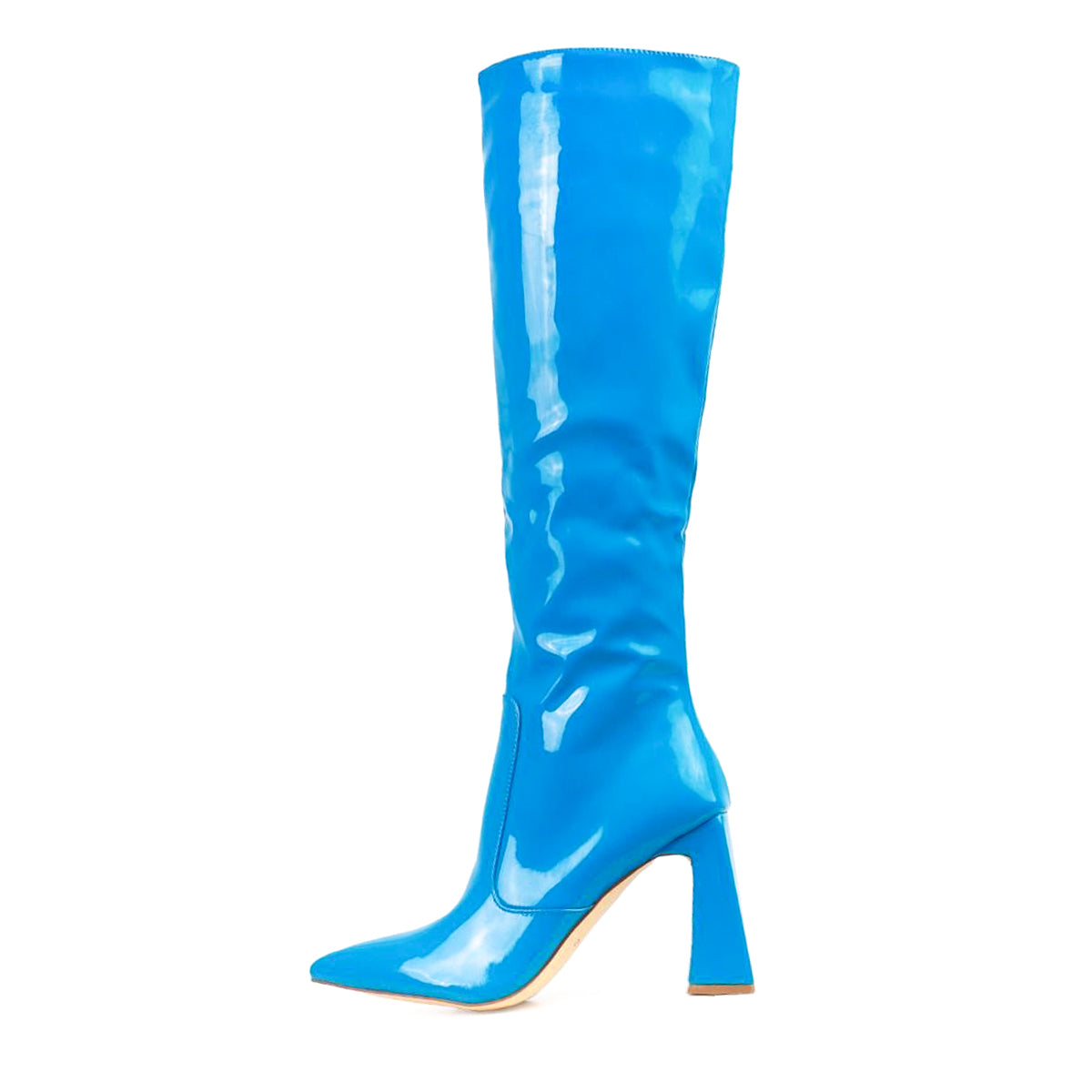 Blue Patent Leather Pointed Toe Knee High Boots with Flared Heel