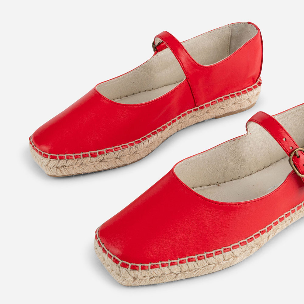 Simple Red Square Toe Buckle Strap Espadrille Mary Jane Flats