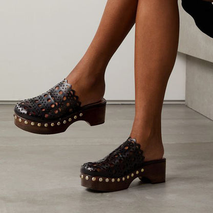 Black Hollow Out Heeled Clogs Round-Toe Studded Platform Mules