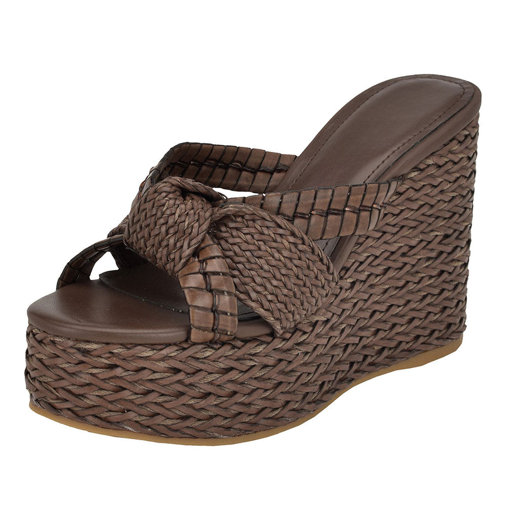 Brown Knot Open Round Toe Woven Wedge Heel Platform Slide Sandals