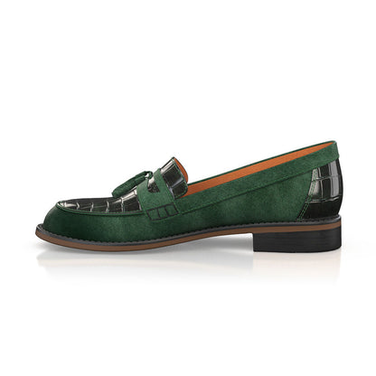 Women's Green & Black Embossed Splicing Penny Loafers with Fringe