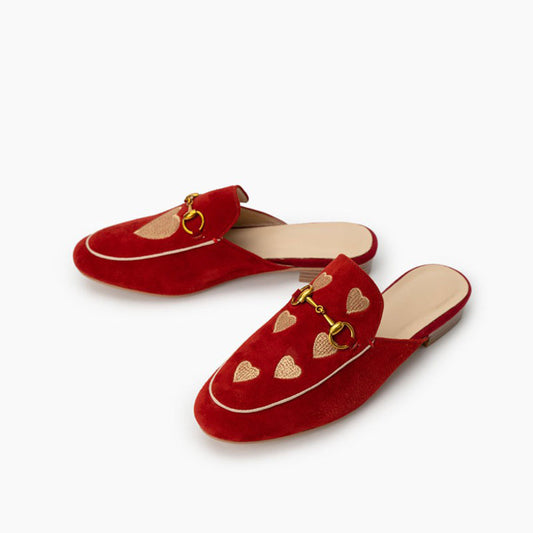 Red Vegan Suede Heart Embroidered Horsebit Mule Loafers
