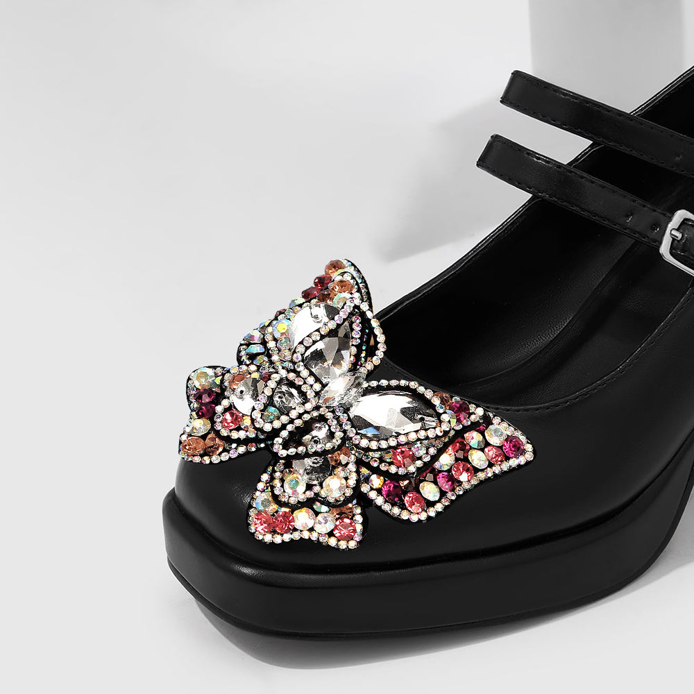 Black Closed Toe 3'' Chunky Heel Platform Loafers with Rhinestone