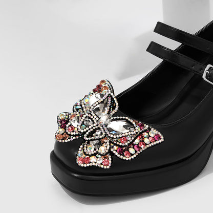 Black Closed Toe 3'' Chunky Heel Platform Loafers with Rhinestone