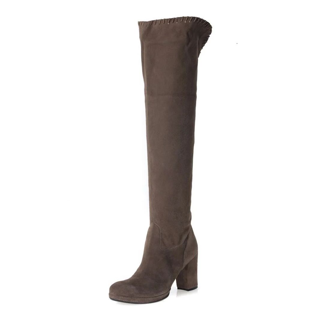 Dark Brown Vegan Suede Round Toe Block Heel Knee High Boots