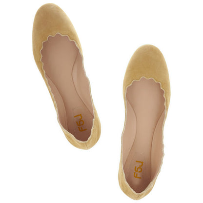 Mustard Vegan Suede Round Toe Stacked Heel Scalloped Ballet Flats