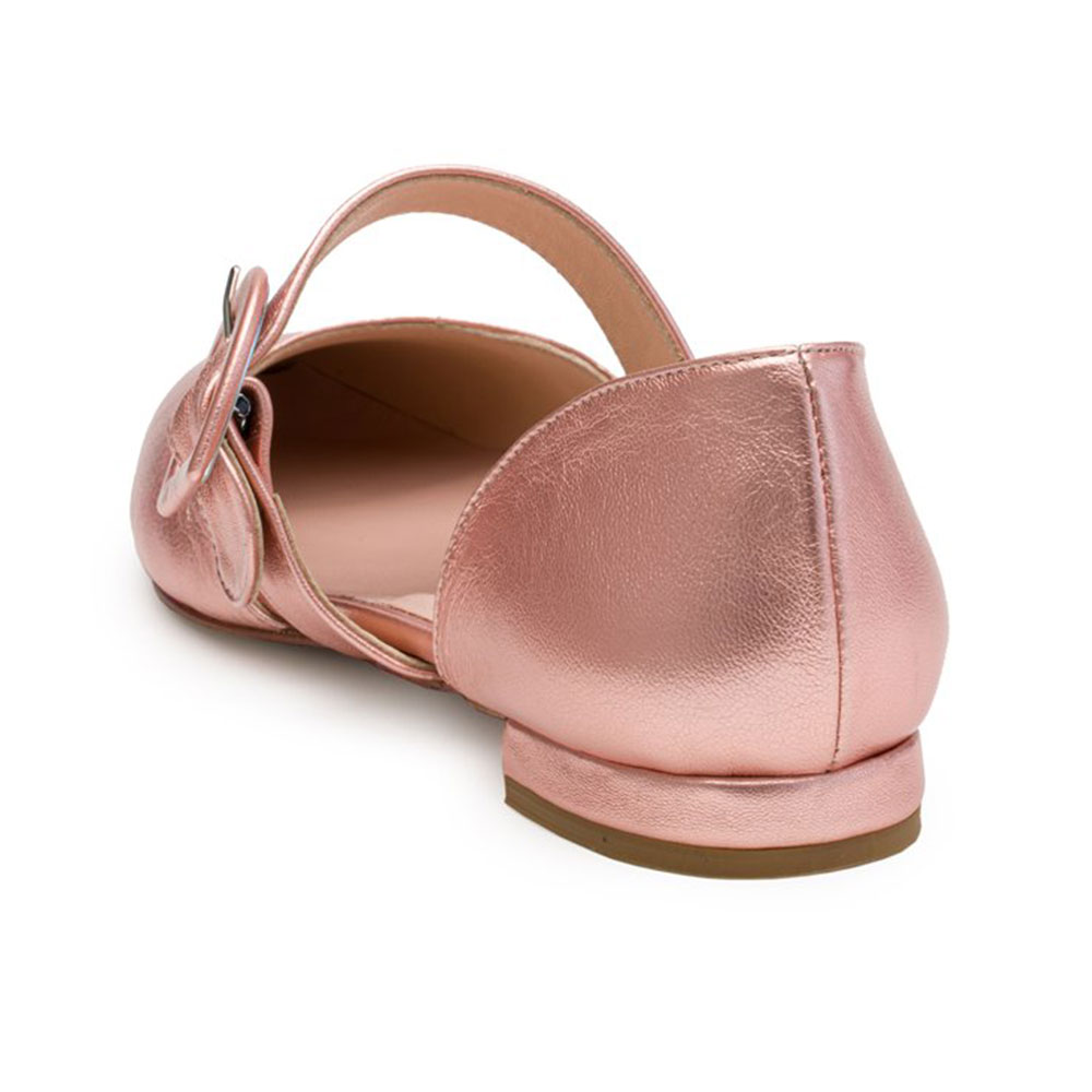 Light Pink Metallic Finish Pointed Toe Buckle Strap Mary Jane Flats