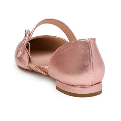 Light Pink Metallic Finish Pointed Toe Buckle Strap Mary Jane Flats