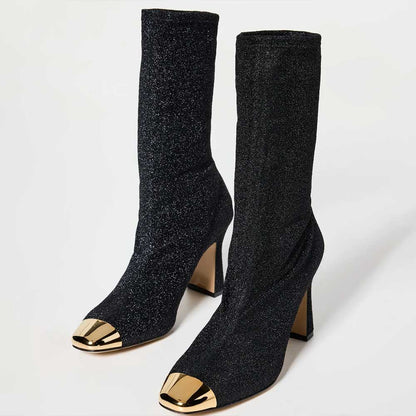 Black Metallic Knit Chunky Heel Mid Calf Boots with Gold-Tone Toe Cap