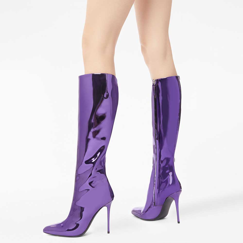 Purple Metallic Patent Leather Pointed Toe Side-Zip Knee High Boots
