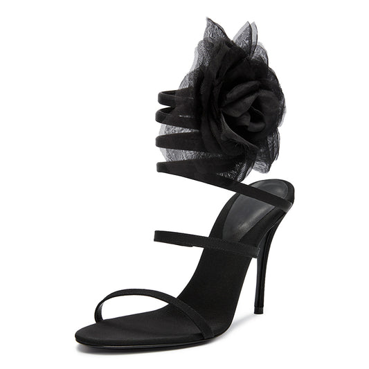 Black Spiral Heels Open Toe Flower Shoes Stilettos Sandals for Prom