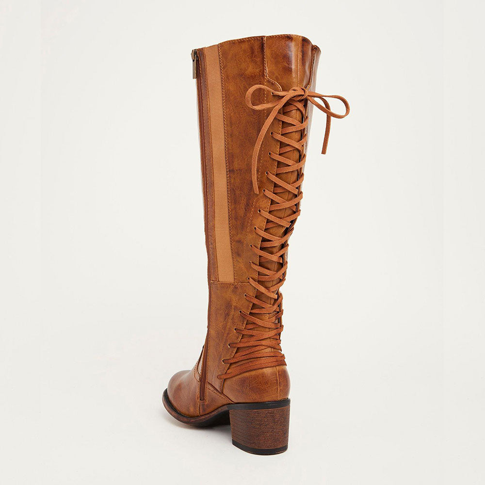 Brown Round Toe Chunky Heel Back Tie-Up Knee High Boots for Women