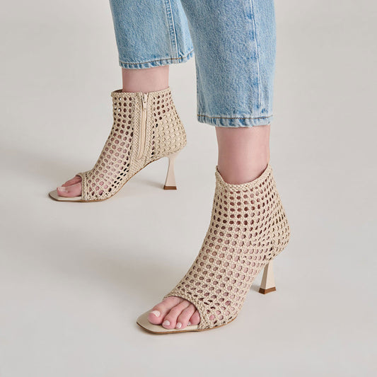 Beige Woven Cut-Out Open Square Toe Flared Heel Zipper Summer Boots