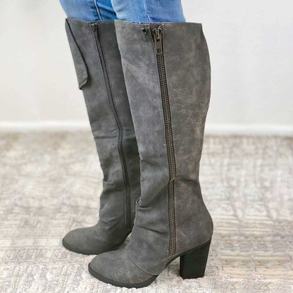 FSJ Grey Vegan Suede Fold-Over Block Heel Knee High Boots for Women