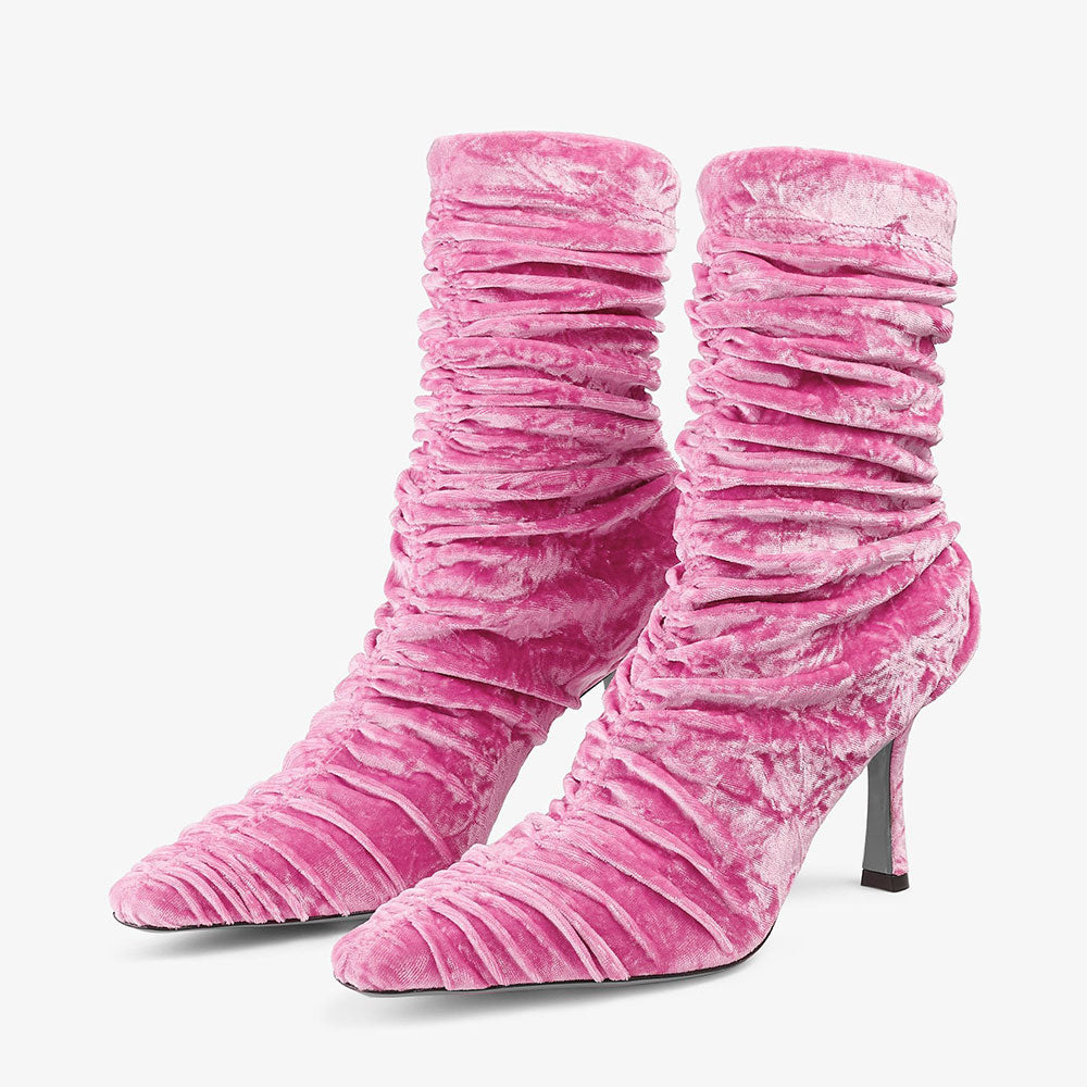 Pink Velvet Pointed Toe Pleated Spool Heel Classic Stretch Boots
