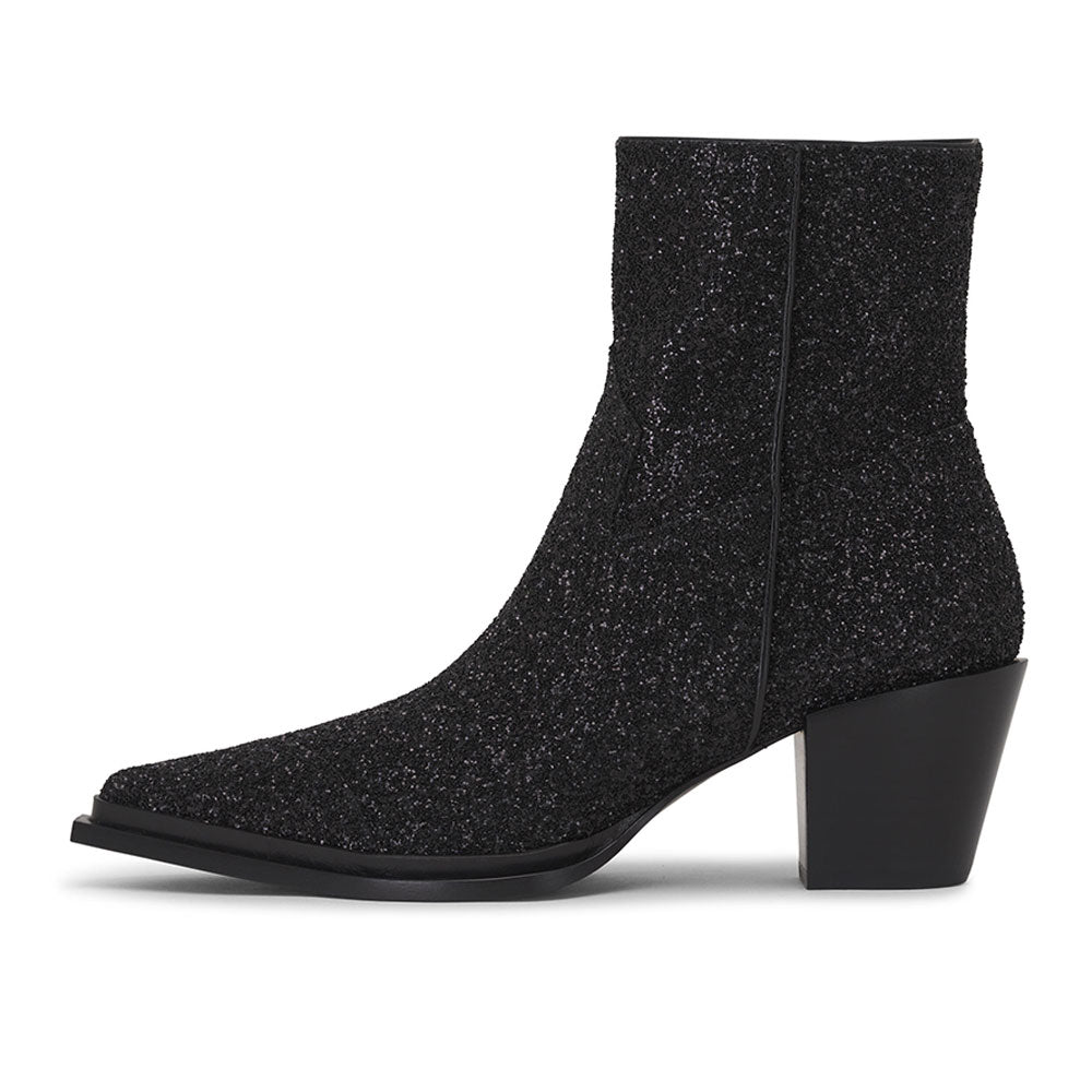 Black Glitter Snip Toe Side-Zipped Block Heel Ankle Boots for Women