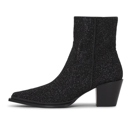 Black Glitter Snip Toe Side-Zipped Block Heel Ankle Boots for Women
