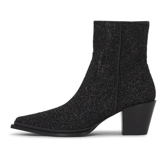 Black Glitter Snip Toe Side-Zipped Block Heel Ankle Boots for Women