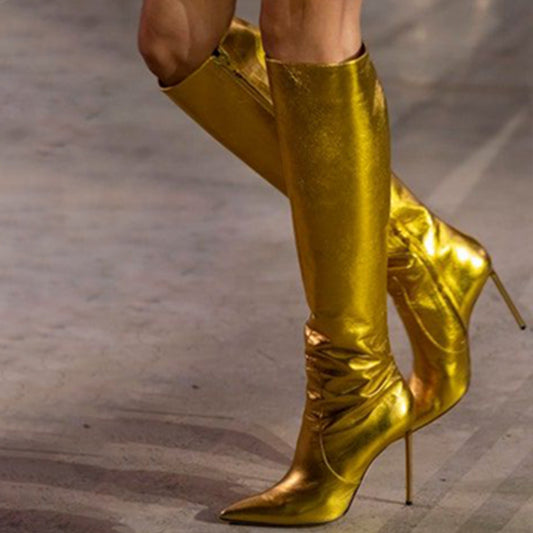 Elegant Gold Metallic Pointed Toe Knee High Boots with Stiletto Heels