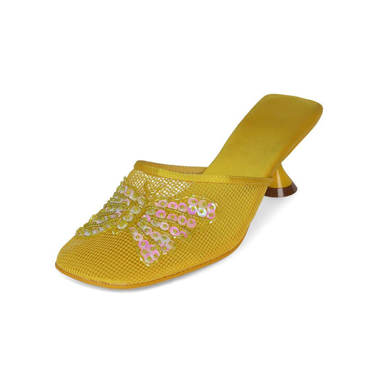 Yellow Mesh & Satin Square Toe Mules Shoes with Sequin Butterfly