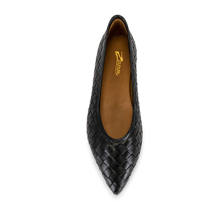 Elegant Black Vegan Leather Woven Pointed Toe Flat Shoes for Women
