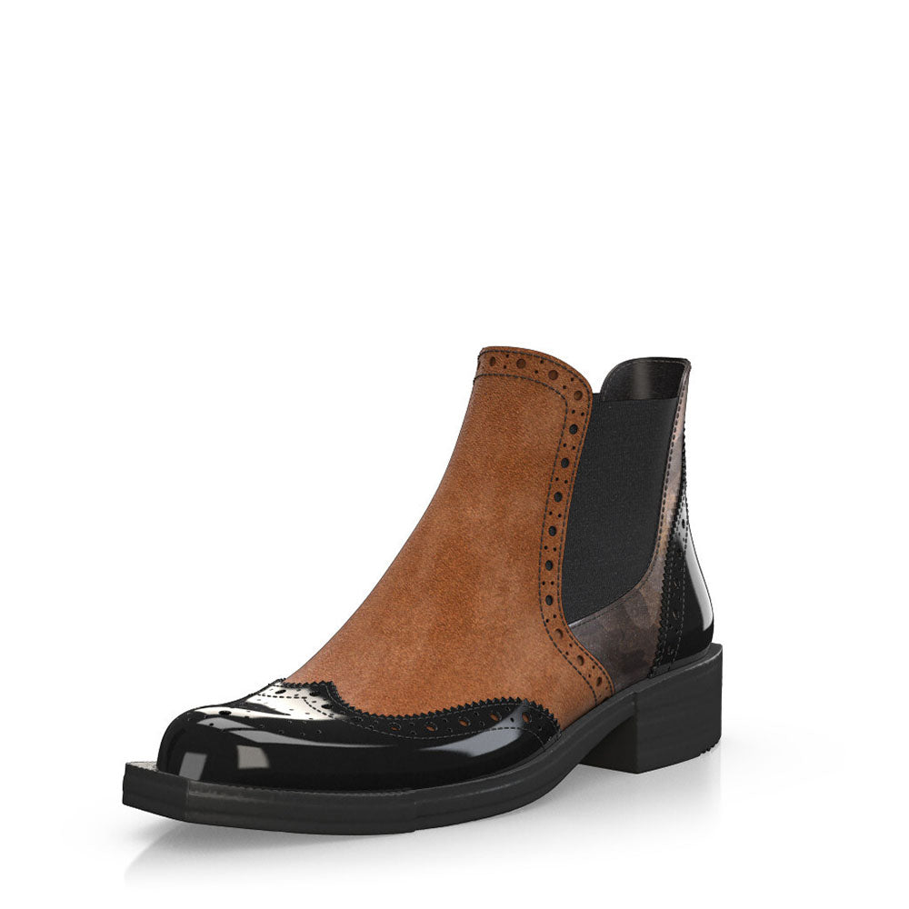 Black & Brown Patent Leather Round Toe Chunky Heel Ankle Boots