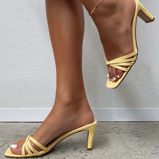 Yellow Croco Embossed Square Toe Block Heel Mules for Women